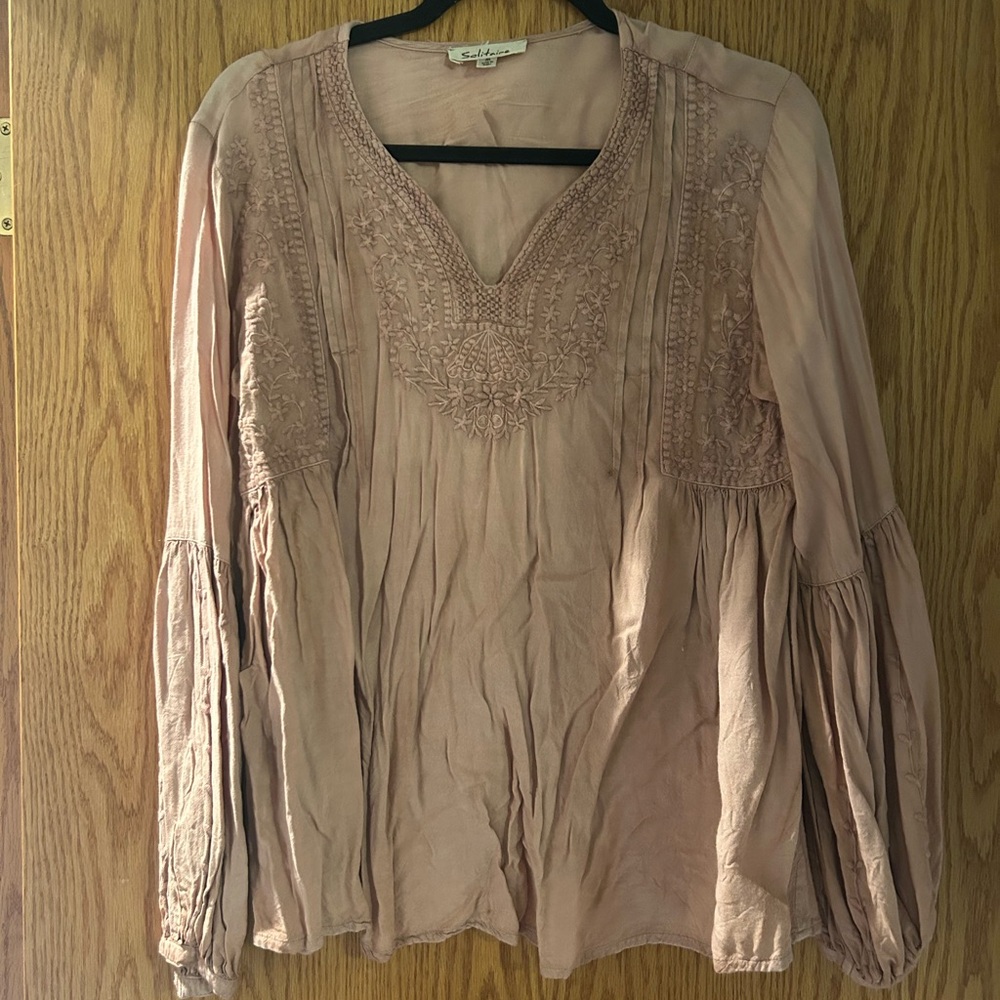 Solitaire Tan Bell Sleeve Blouse Relaxed Embellished
